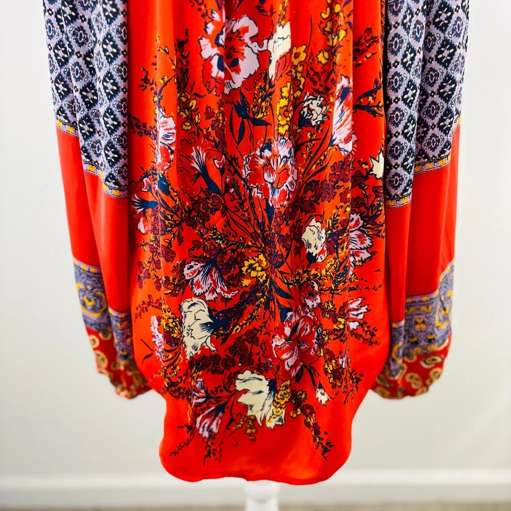 Free People Orange‎ Mixed Floral Paisley Boho Balloon Sleeve Peasant Blouse XS